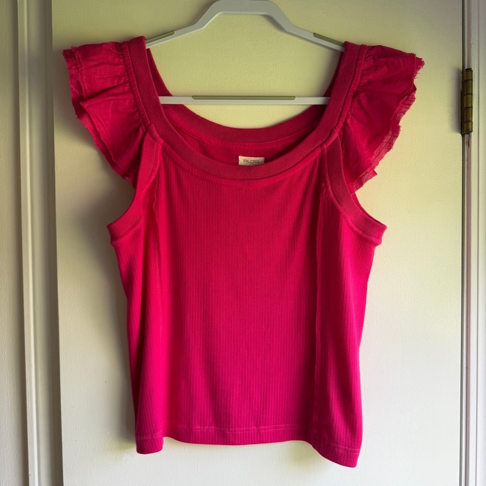 Pilcro Fuchsia Pink Ruffle Sleeve Ribbed Knit Scoop Neck Tank Top XL